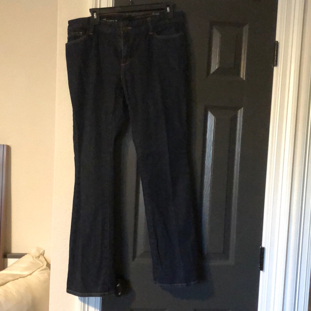 Eddie Bauer women’s jeans classic fit and barely boot leg shape.